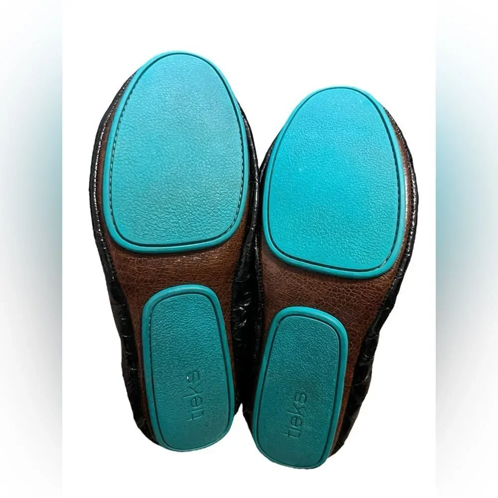 TIEKS by Gavrieli Obsidian Black Croc Patent Embossed Leather Ballet Flats. Sz 6